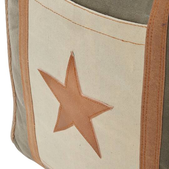 Gray Fabric and Leather Rustic Pouf, 17" x 21" x 21"